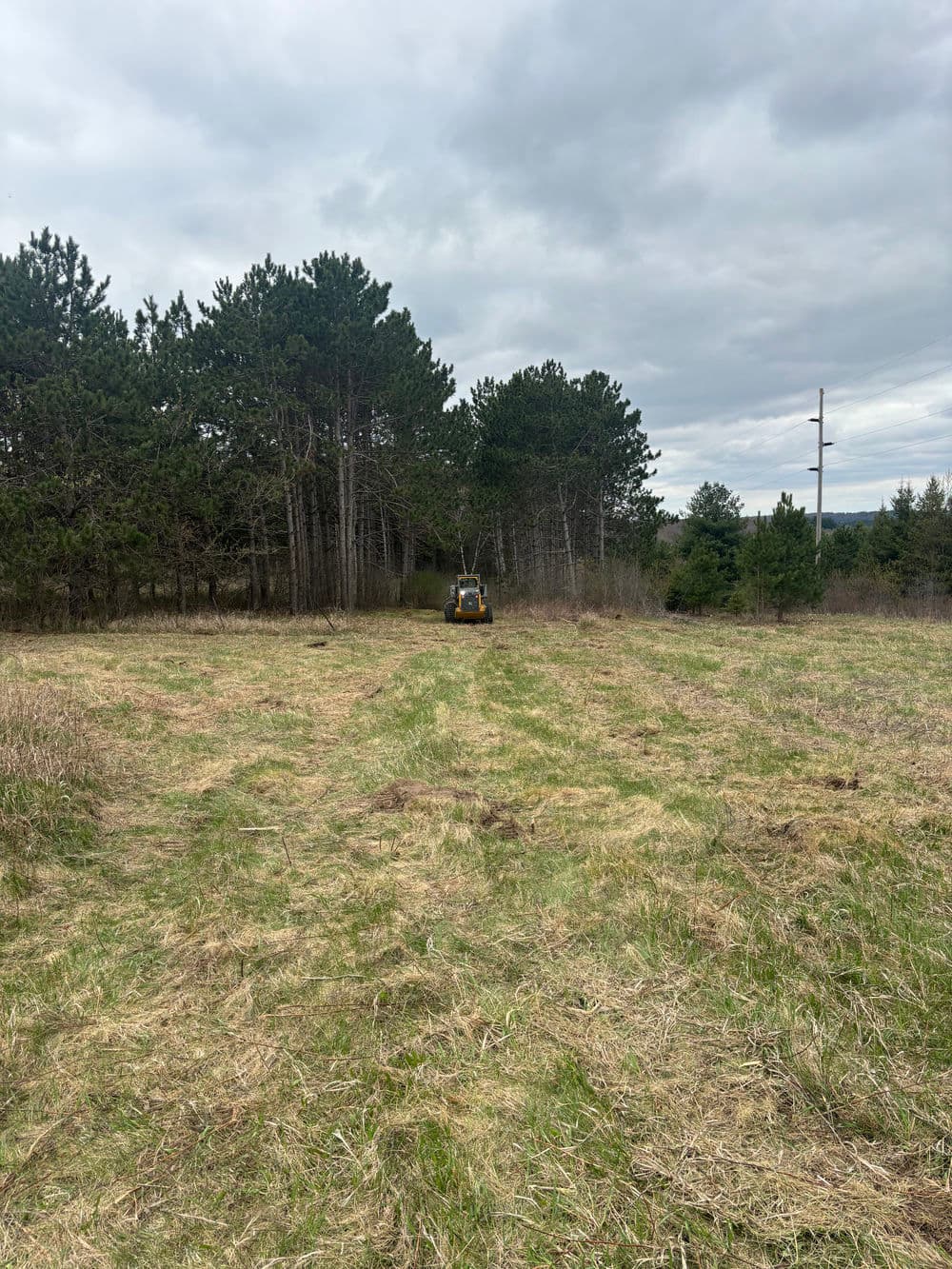 Tractor mowing a field surrounded by trees under a cloudy sky.